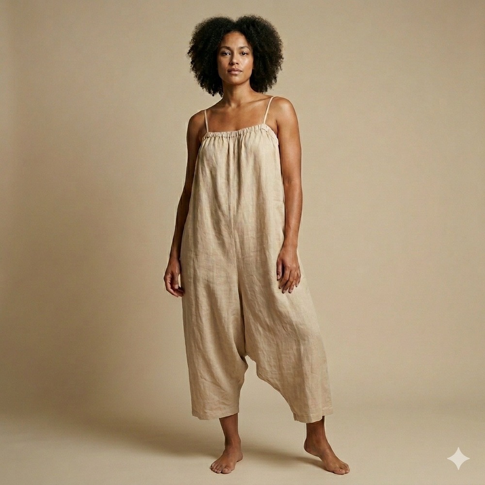Filosofia Womens Tan 100% Linen Wide Leg Jumpsuit Culottes Made in USA Large NWT